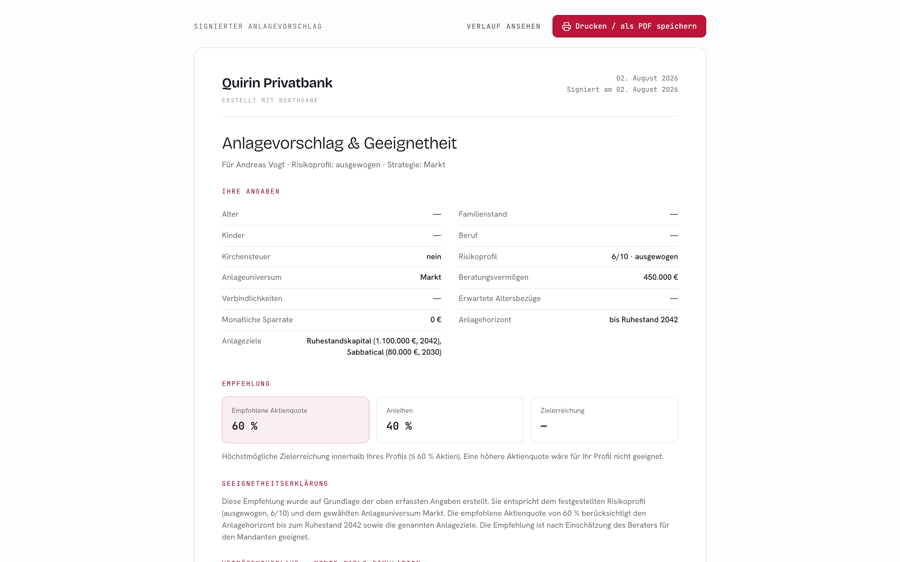 Signierter Anlagevorschlag: erfasste Angaben, Empfehlung, Geeignetheitserklärung und Signaturdatum.
